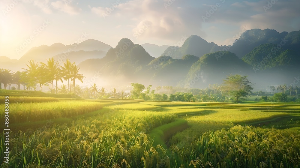 Naklejka premium Tropical rural landscape with beautiful rice fields and mountains : Generative AI