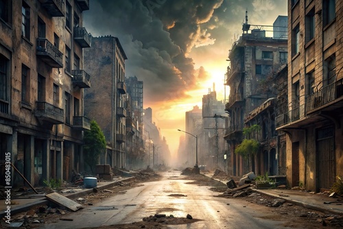 Gloomy post-apocalyptic city street scene after war, post apocalypse, urban decay, destruction, abandoned, desolate, ruins © guntapong