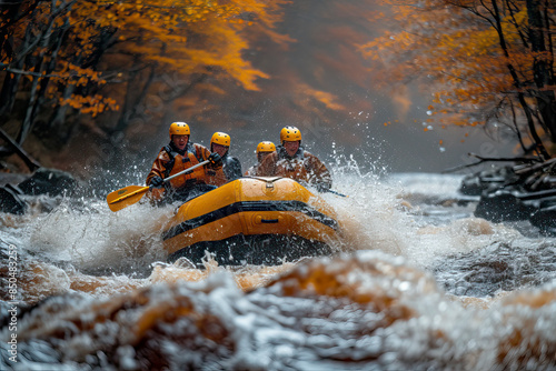 Fototapeta Naklejka Na Ścianę i Meble -  Young person rafting on the river Ganges in Rishikesh, extreme and fun sport at tourist attraction