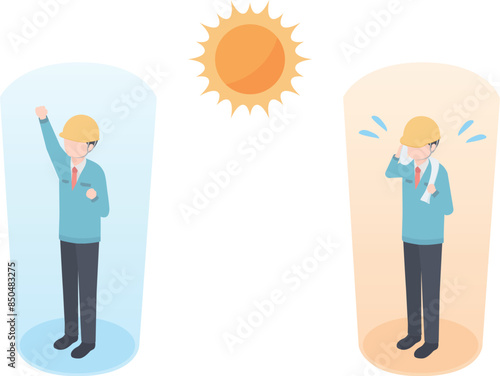 炎天下で暑そうな作業員と涼しそうな作業員