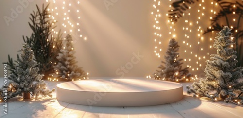 White Round Pedestal With Christmas Decorations And Lights