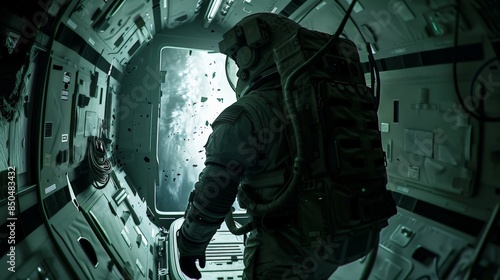 Fototapeta Naklejka Na Ścianę i Meble -  Astronaut in space suit exploring space station interior with open hatchway view of outer space. Concept of space exploration and travel.