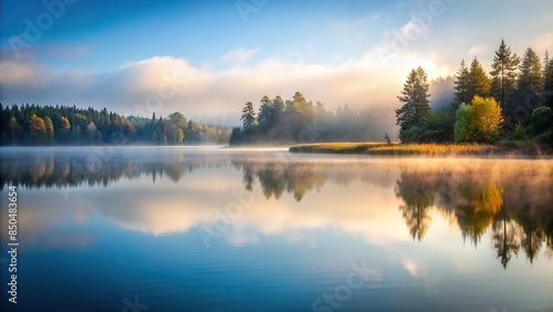 A serene lake on a foggy day with mist hanging over the water, foggy, misty, calm, lake, serene, tranquil, overcast © tammanoon
