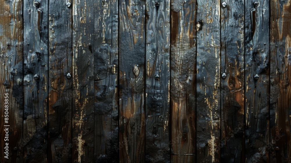 Fototapeta premium Close-up image of old, weathered wooden planks in shades of black with visible knot details and rustic appeal