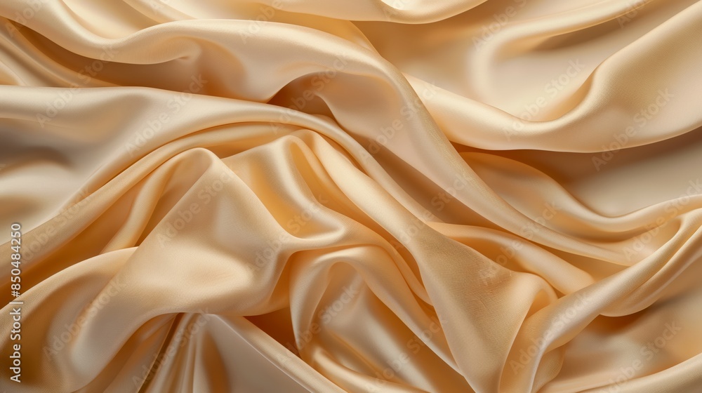 Fototapeta premium A wavy pattern of golden beige silk. Top view background. A thin soft fabric