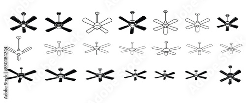 Ceiling fan icon collection, Various fan blades, and different types of fan sets.