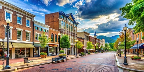 Quaint main street square in Roanoke, Virginia with small town businesses , Small town, Roanoke, Virginia, main street photo