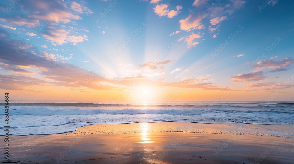 Fototapeta premium Colorful ocean beach sunrise with deep blue sky and sun rays : Generative AI