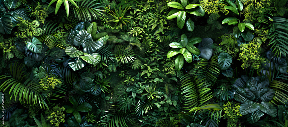 Fototapeta premium wall of tropical plants and moss, lush greenery, leaves in various shapes and sizes, some flowers scattered throughout, top view, dark background