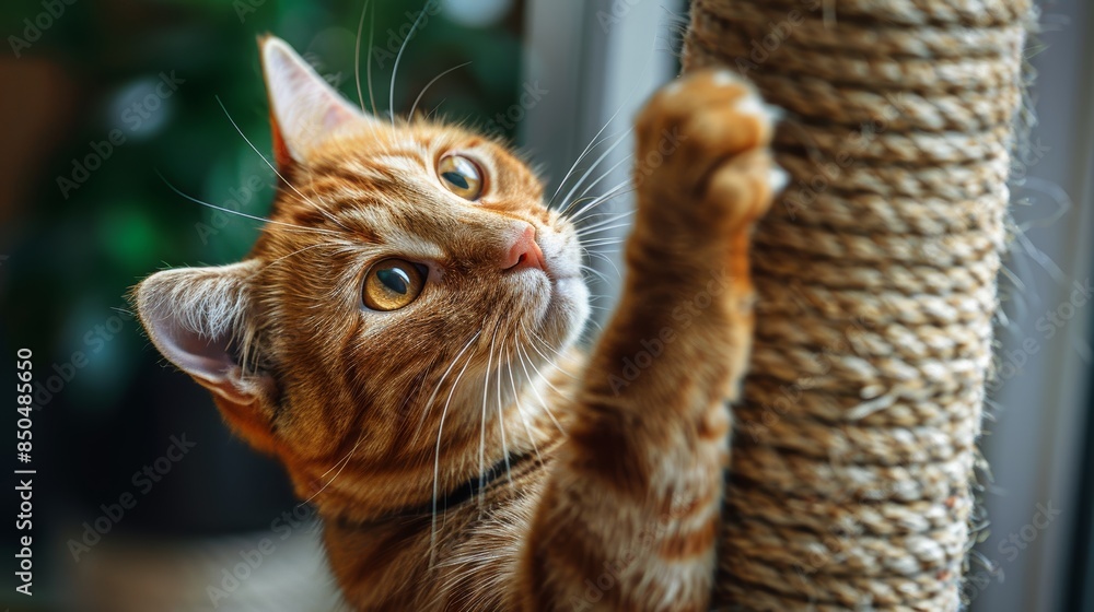 Cute Ginger Cat Playing with Sisal Toy at Home Cute Ginger Cat Playing with Sisal Toy at Home