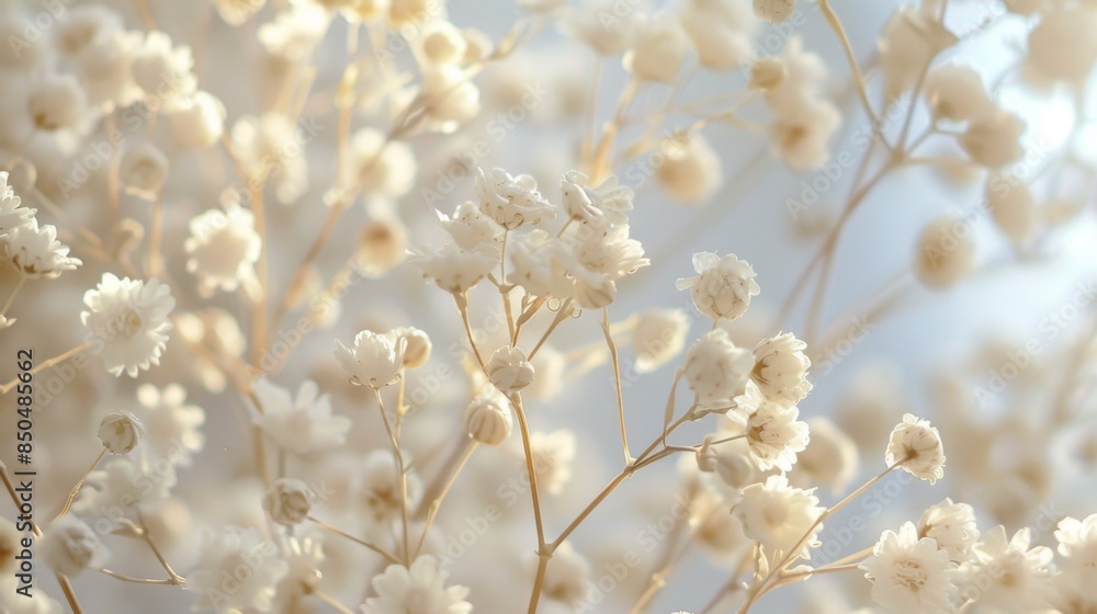 Close up of white delicate flowers with sunlight filtering through their petals, evoking a warm and inviting atmosphere Close up of white delicate flowers with sunlight filtering through their petals, evoking a warm and inviting atmosphere