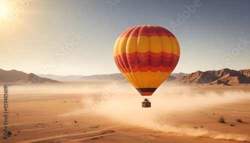 Red hot air balloon floating over a red landscape with copy space background header banner design poster © Jane