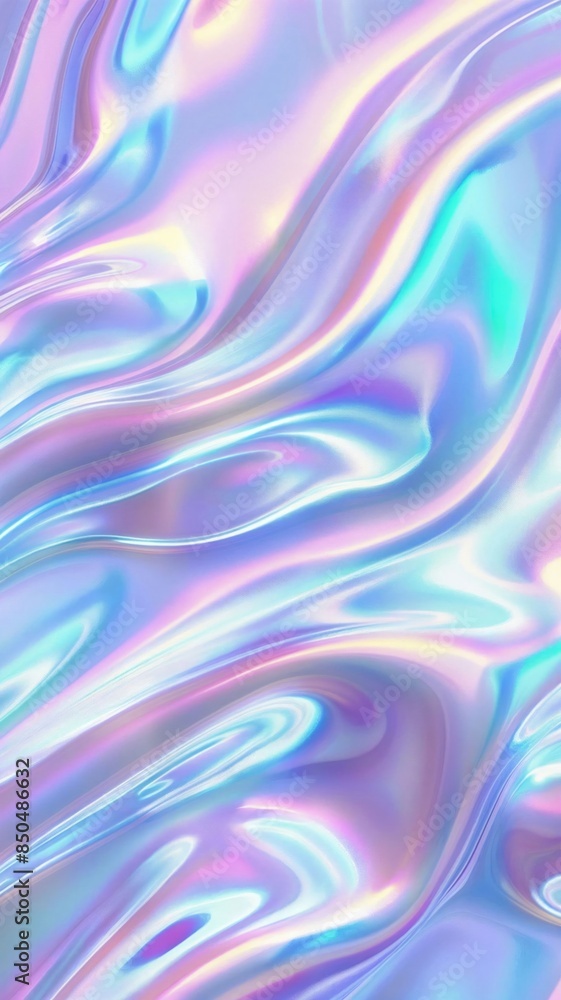 Obraz premium Iridescent holographic pastel liquid shiny. Modern pearlescent blurry abstract swirl illustration.
