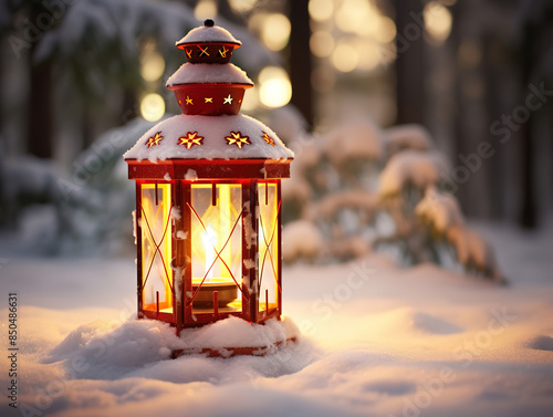 Christmas Lantern On Snow With Fir Branch in the Sunlight. Winter Decoration Background