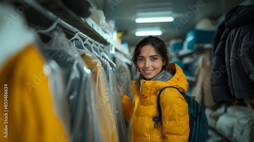 Happy Woman Holding Hanger at Dry Cleaning Service in Winter Jacket