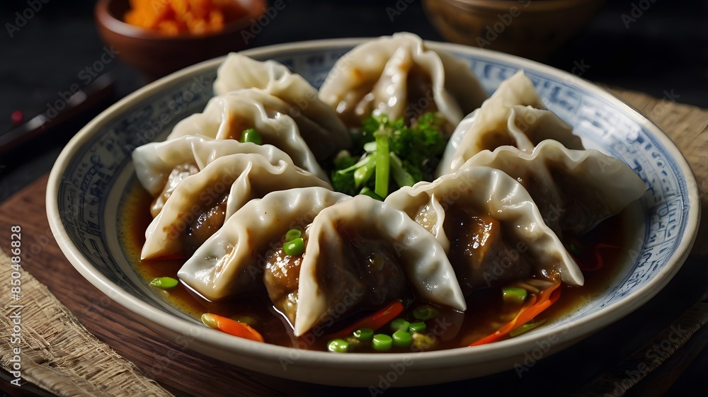 Delicious healthy Nepali Tibetan food steamed dumplings with green vegetables or yummy veg wonton momo served in plate Delicious healthy Nepali Tibetan food steamed dumplings with green vegetables or yummy veg wonton momo served in plate