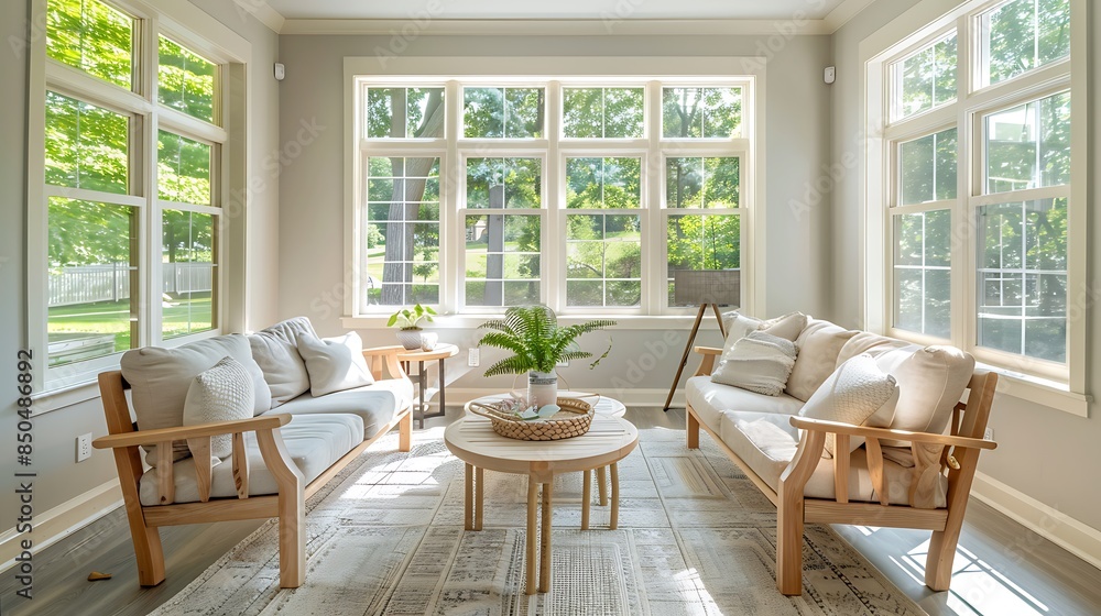 Obraz premium A sunroom with a Scandinavian design, featuring light wood furniture, neutral tones, and large windows allowing natural light to flood the space