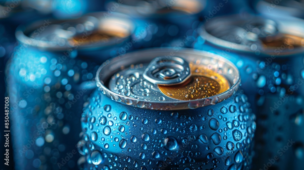 Close-Up of Chilled Energy Drink Cans with Dew in a Refreshing Blue Shade Close-Up of Chilled Energy Drink Cans with Dew in a Refreshing Blue Shade