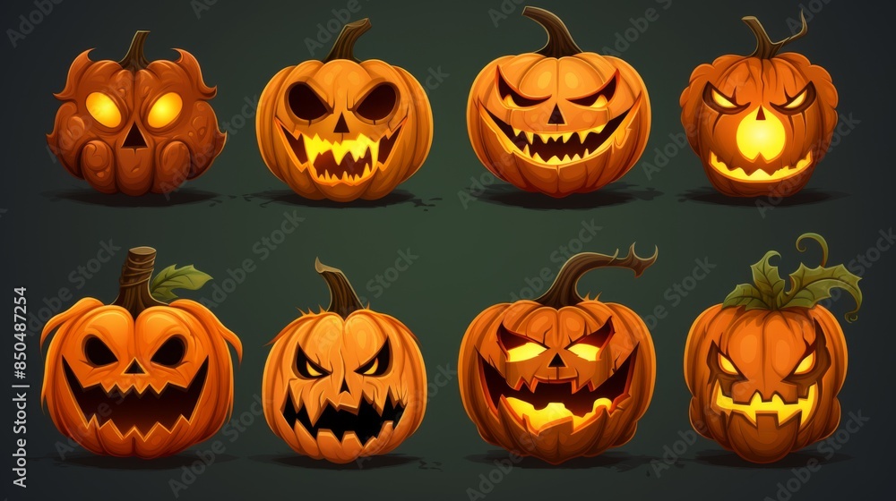 A set of digital art pumpkins with varied expressions and moods, setting a Halloween theme backdrop A set of digital art pumpkins with varied expressions and moods, setting a Halloween theme backdrop