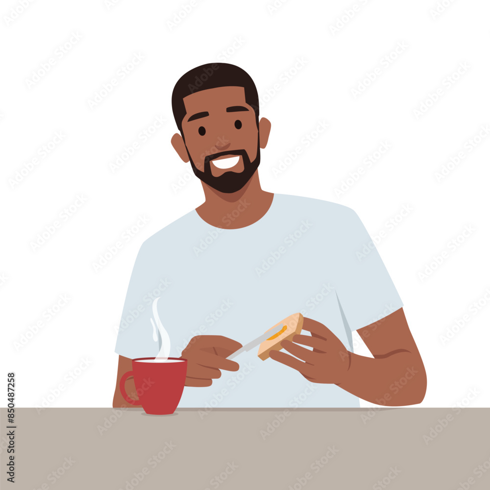 Young man character making toast spreading butter on bread at breakfast. Flat vector illustration isolated on white background Young man character making toast spreading butter on bread at breakfast. Flat vector illustration isolated on white background