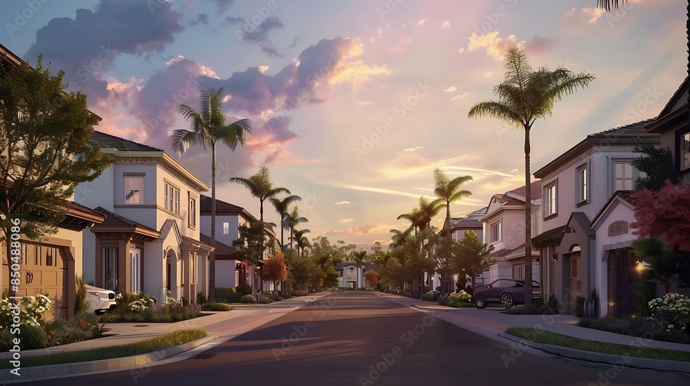 Cul de sac classic dead end street surrounded by luxury two story single family homes in a new residential East Coast USA real estate development neighborhood with dramatic colorful su : Generative AI Cul de sac classic dead end street surrounded by luxury two story single family homes in a new residential East Coast USA real estate development neighborhood with dramatic colorful su : Generative AI