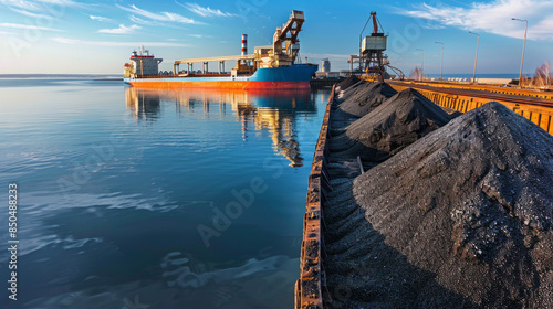 A large blue ship is docked at a pier next to a pile of coal photo