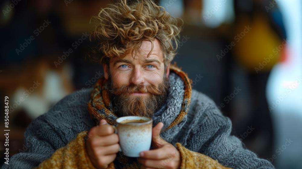 Cozy Morning with a Bearded Man Drinking Coffee in a Warm Sweater Cozy Morning with a Bearded Man Drinking Coffee in a Warm Sweater