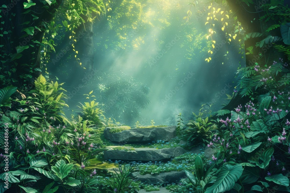Mystical rainforest path with sunlight streaming through canopy Mystical rainforest path with sunlight streaming through canopy