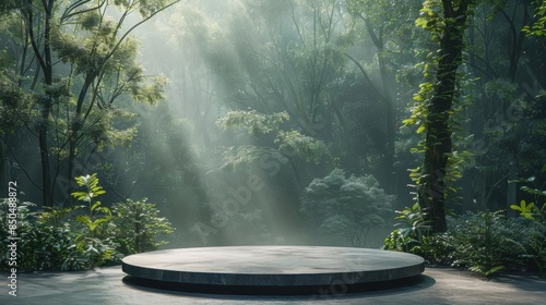 Circular stone platform in a lush green forest with sunbeams shining through the foliage