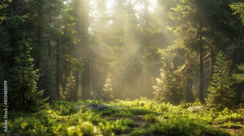 Sunlight beams through the trees in a dense forest.