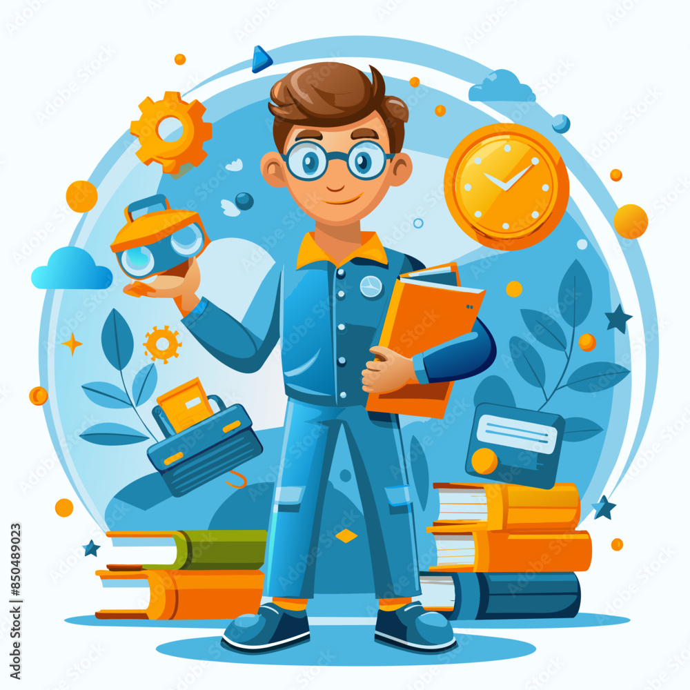A programmer is standing with some books on his right side and a watch on his left side he is happy A programmer is standing with some books on his right side and a watch on his left side he is happy