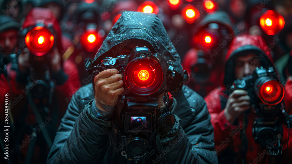 Group of Photographers in Red Hoods Capturing Images with Cameras at Night Group of Photographers in Red Hoods Capturing Images with Cameras at Night