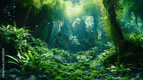 image of underwater landscape nature forest style aquarium tank with a variety of aquatic plants inside : Generative AI