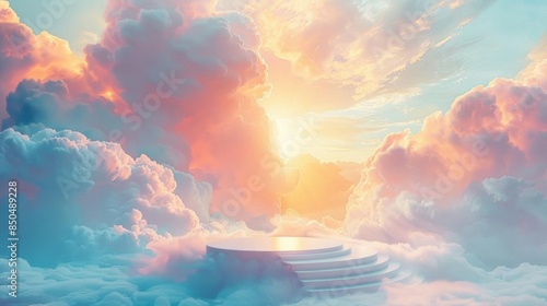 A surreal sky with fluffy clouds and a glowing sun, with a platform above them.