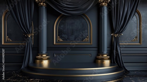 Elegant black and gold stage with marble floor and pillars, perfect for product display.