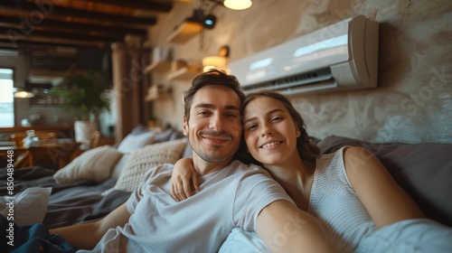 Happy Couple Relaxing Under Air Conditioner in Cozy Home photo