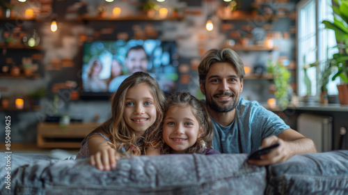 Happy Family Watching TV Together At Home, Smiling Father With Daughters