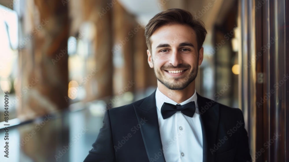 Fototapeta premium Adult male in a black suit and bowtie smiles confidently with an elegant interior backdrop
