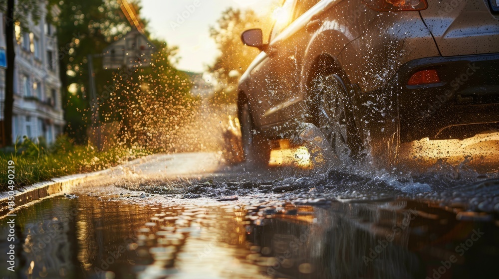 Car splashing water while driving through a puddle, creating a dramatic splash effect Car splashing water while driving through a puddle, creating a dramatic splash effect