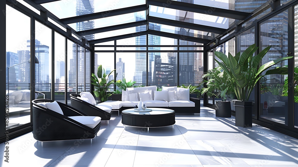 A sunroom with a sleek, modern aesthetic, decorated with black and white decor, minimalist furniture, and large windows offering a view of the cityscape A sunroom with a sleek, modern aesthetic, decorated with black and white decor, minimalist furniture, and large windows offering a view of the cityscape