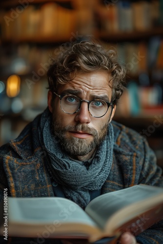 A Thoughtful Man Reading in a Library