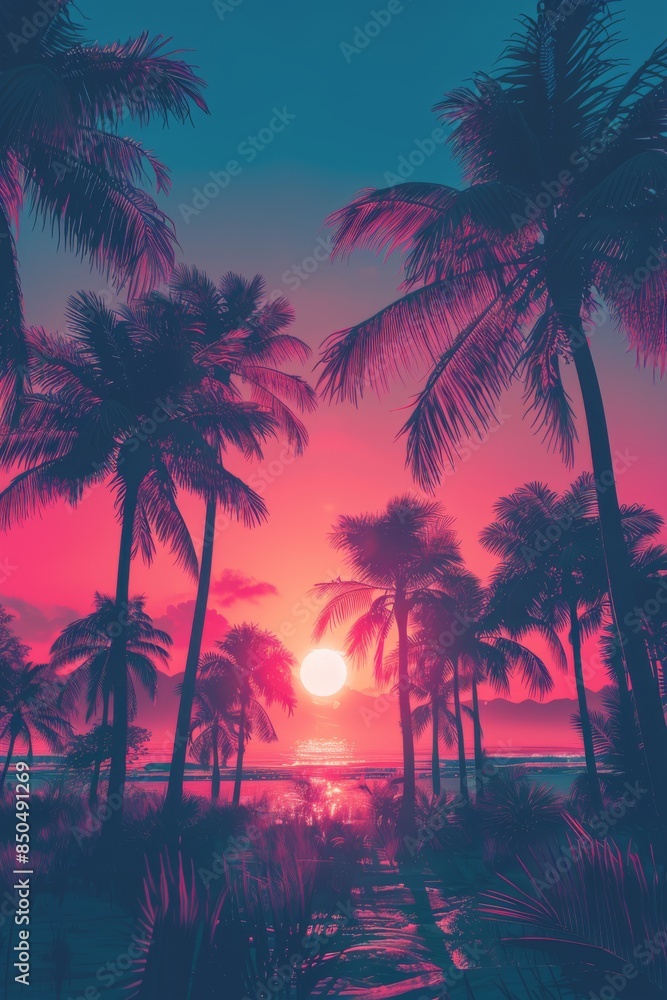 Obraz premium Palm Trees Against a Pink and Blue Sunset Sky