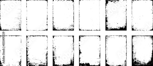 Overlay textures set stamp with grunge effect. Old damage Dirty grainy and scratches. Set of different distressed black grain texture. Distress overlay vector textures.