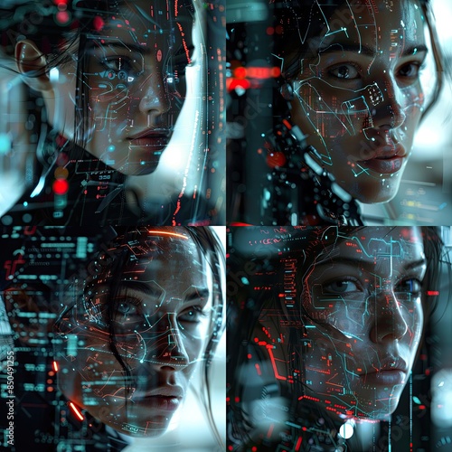 A technological illustration of a concentrated Asian woman surrounded by numerous light holographic effects, sparkling all around.