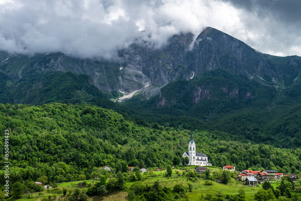 Dreznica Village Nestled in Picturesque Landscape with Mount Krn, Slovenia Dreznica Village Nestled in Picturesque Landscape with Mount Krn, Slovenia