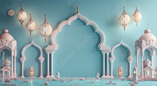 White Mosque With Paper Cutout Design and Crescent Moon in Blue Background