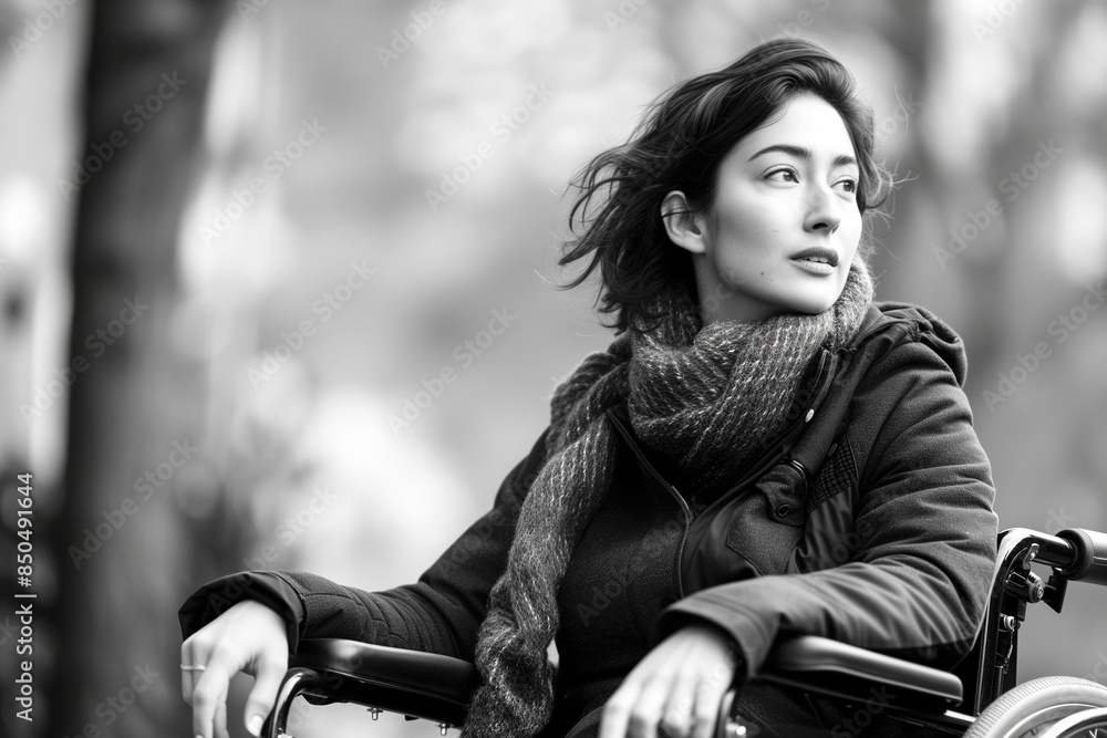Portrait of a young woman in a wheelchair going for an independent walk. A man with a disability. Black and white. Portrait of a young woman in a wheelchair going for an independent walk. A man with a disability. Black and white.