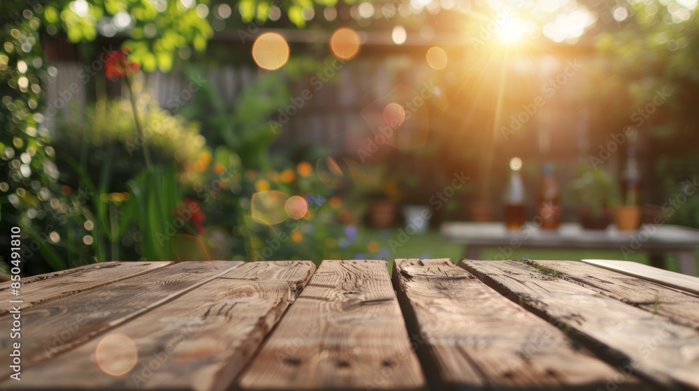 Summer barbecue gathering in lush garden with wooden table, against blurred natural backdrop Summer barbecue gathering in lush garden with wooden table, against blurred natural backdrop