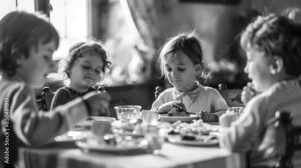 A monochrome image of four young children engrossed in eating and socializing around a dinner table A monochrome image of four young children engrossed in eating and socializing around a dinner table