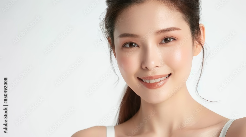 Smiling Asian woman with clear skin and natural makeup looking at the camera against a white background. Smiling Asian woman with clear skin and natural makeup looking at the camera against a white background.